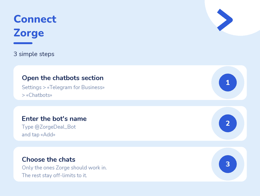 Three steps to connect: open the Chatbots section, enter the bot's name, choose the chats