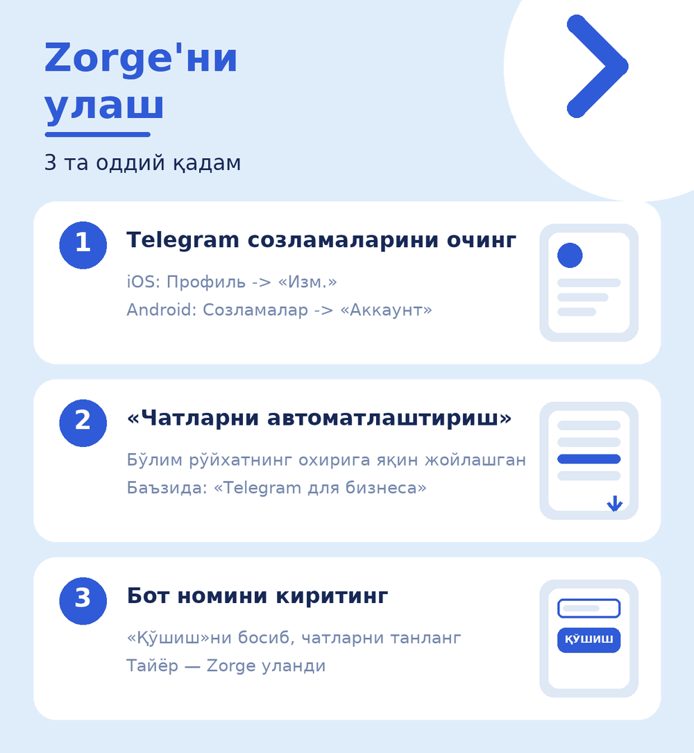 Улашнинг уч қадами: чат-ботлар бўлимини очиш, бот номини киритиш, чатларни танлаш