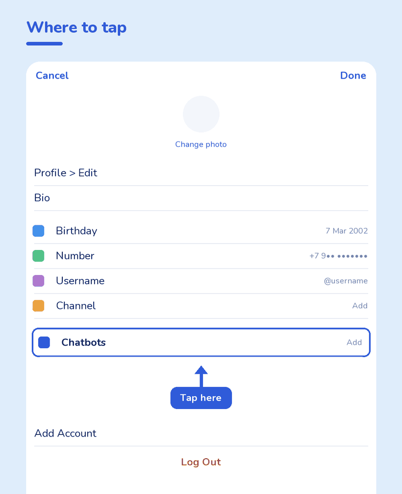 Telegram profile editing screen with the Chatbots entry circled