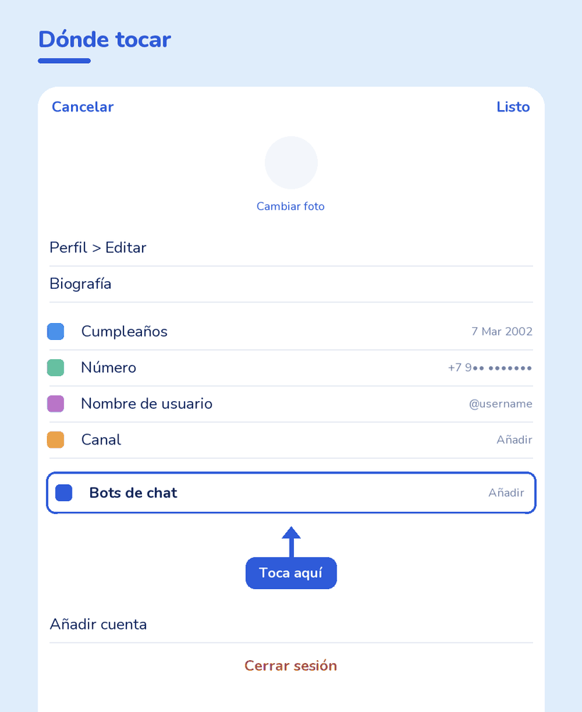 Pantalla de edición del perfil de Telegram con la entrada de bots de chat señalada
