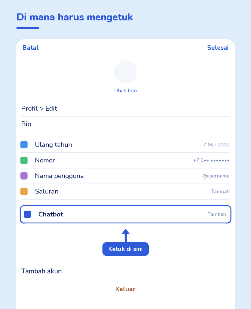 Layar edit profil Telegram dengan baris chatbot dilingkari