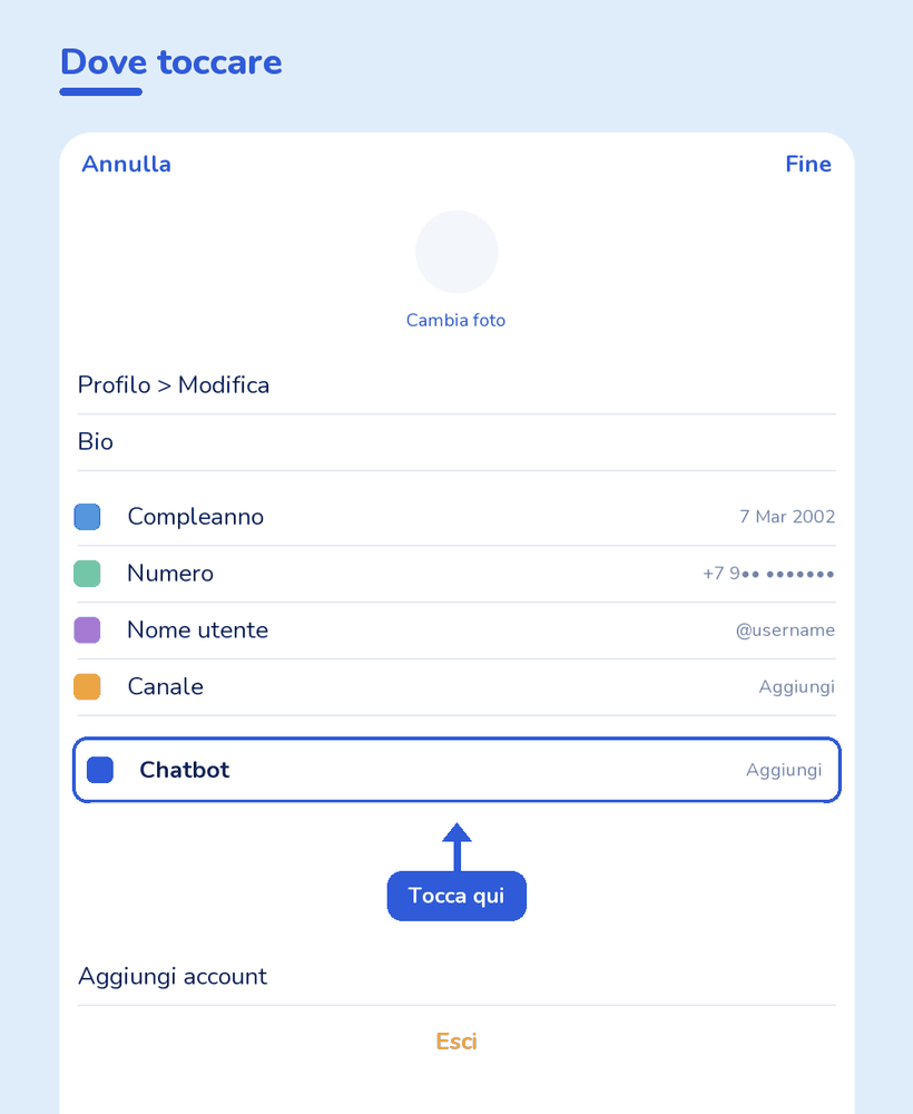 Schermata di modifica del profilo Telegram con la voce chatbot evidenziata