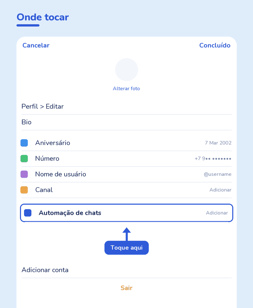 Tela de edição do perfil do Telegram com o item de chatbots destacado