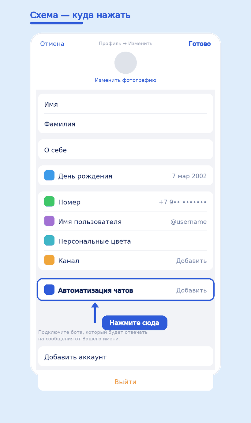 Экран редактирования профиля в Telegram, пункт «Автоматизация чатов» обведён