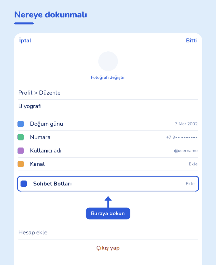 Telegram profil düzenleme ekranı, sohbet botları satırı çerçeve içinde
